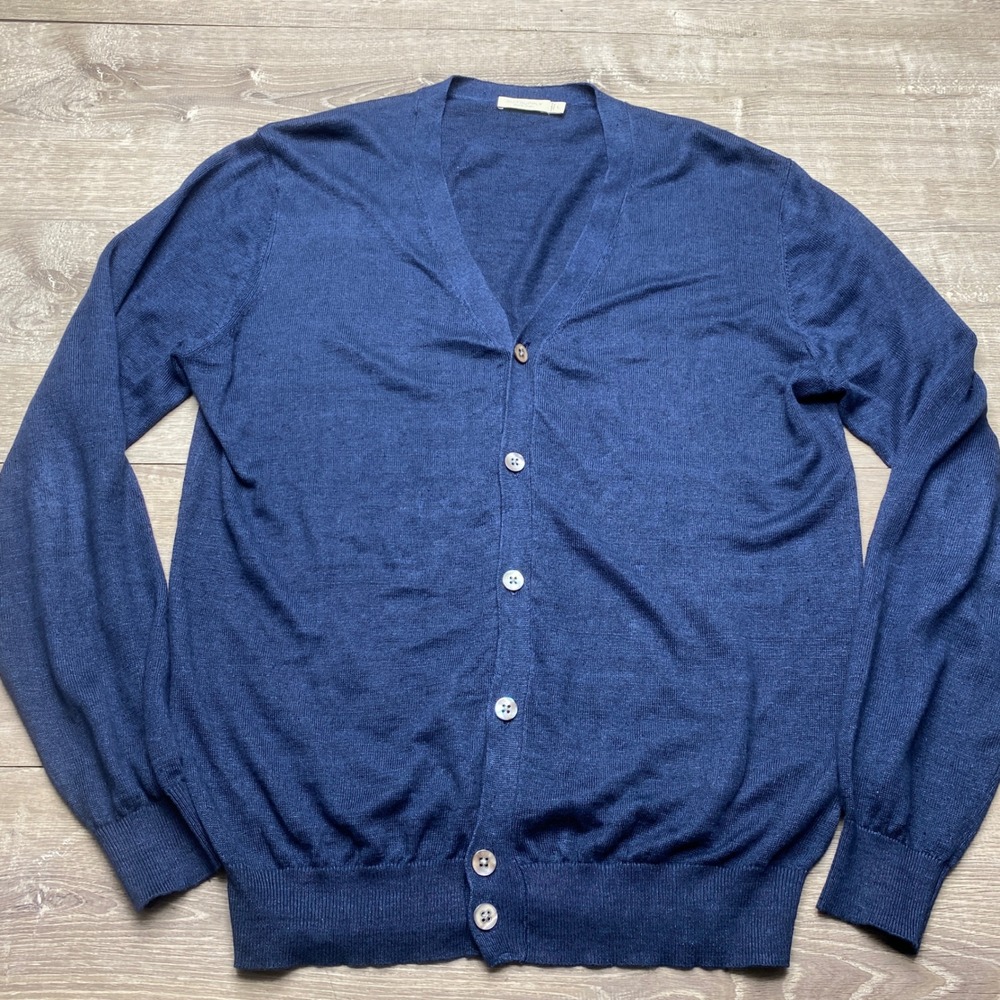 Suitsupply Cardigan Mens Large Blue 100% Pure Linen V-Neck Button Front